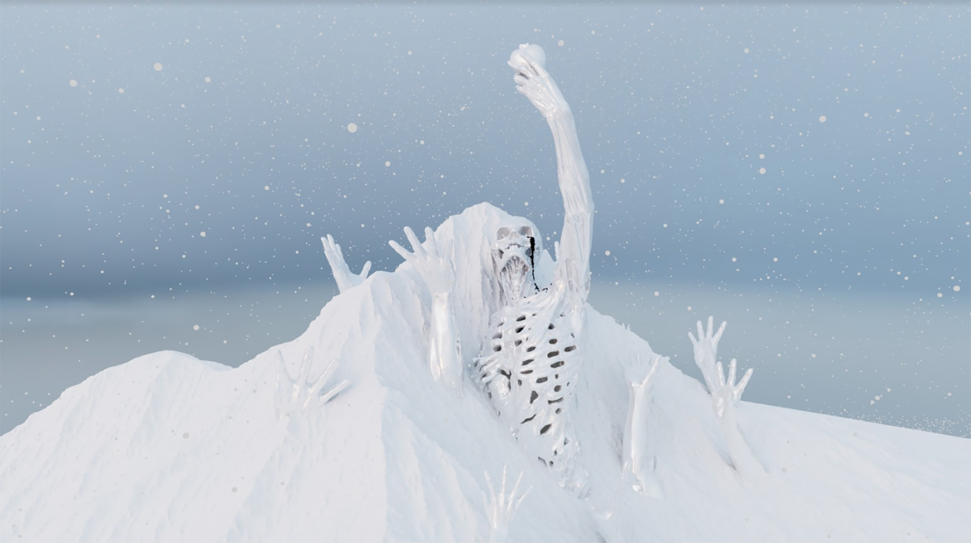 Still from a digital animation showing a skeletal figure in an abstracted snowy landscape